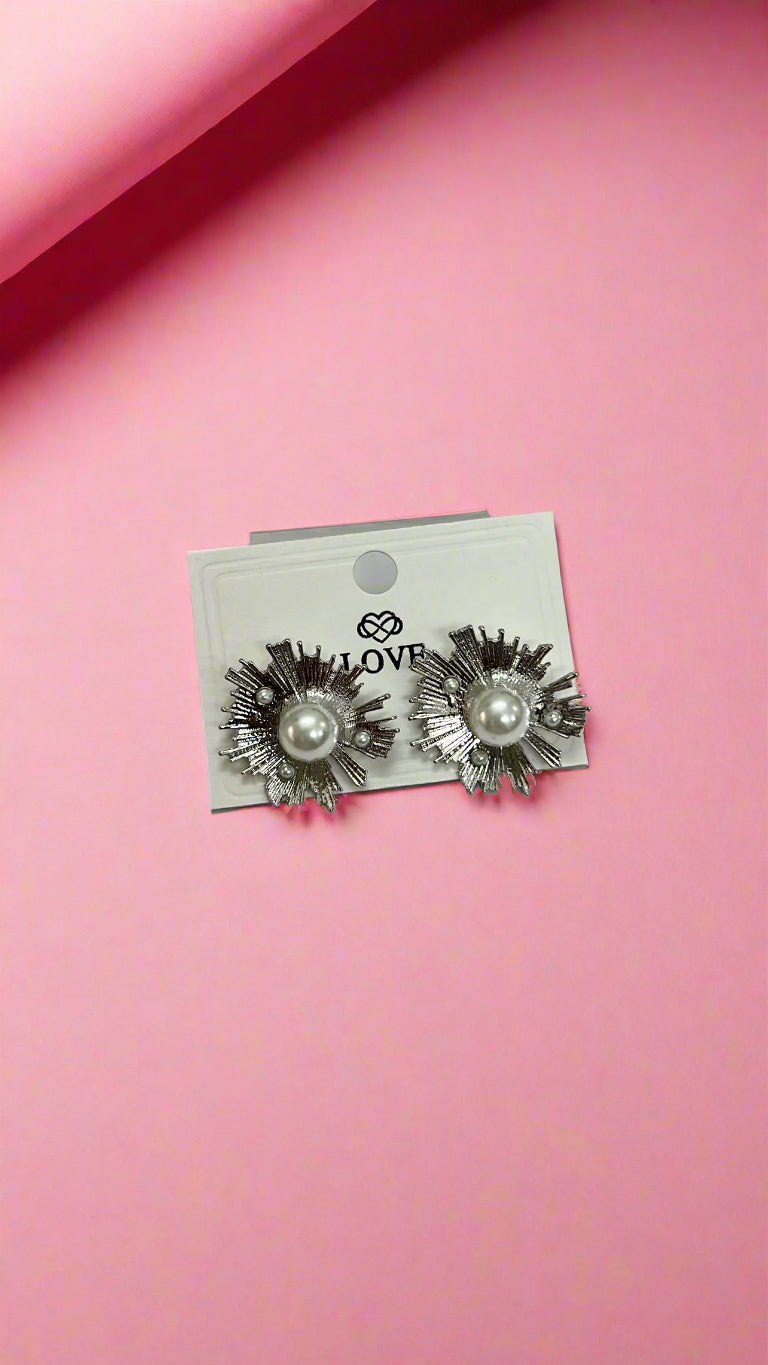 Radiant Silver Burst Pearl Stud Earrings