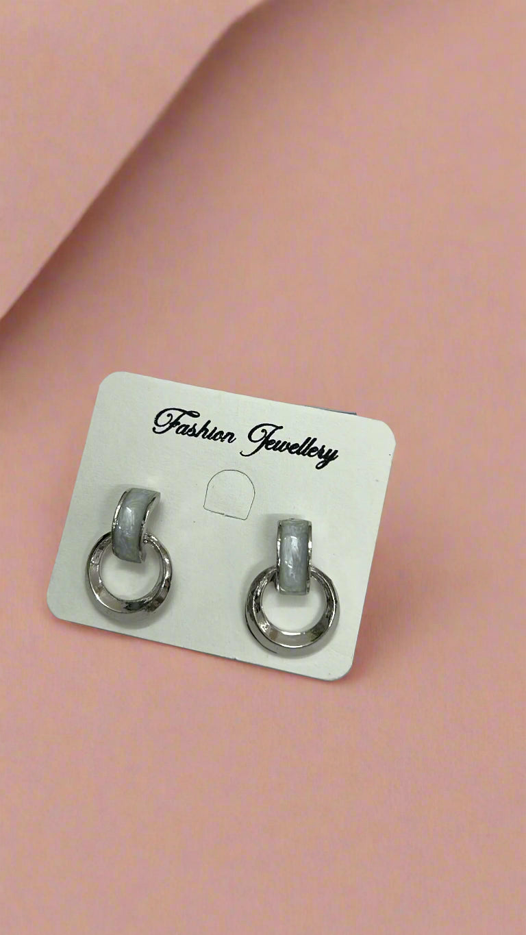 Silver Loop Stud Earrings with Glossy Grey Accent