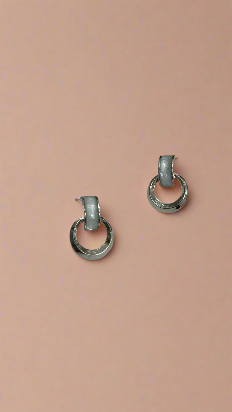 Silver Loop Stud Earrings with Glossy Grey Accent