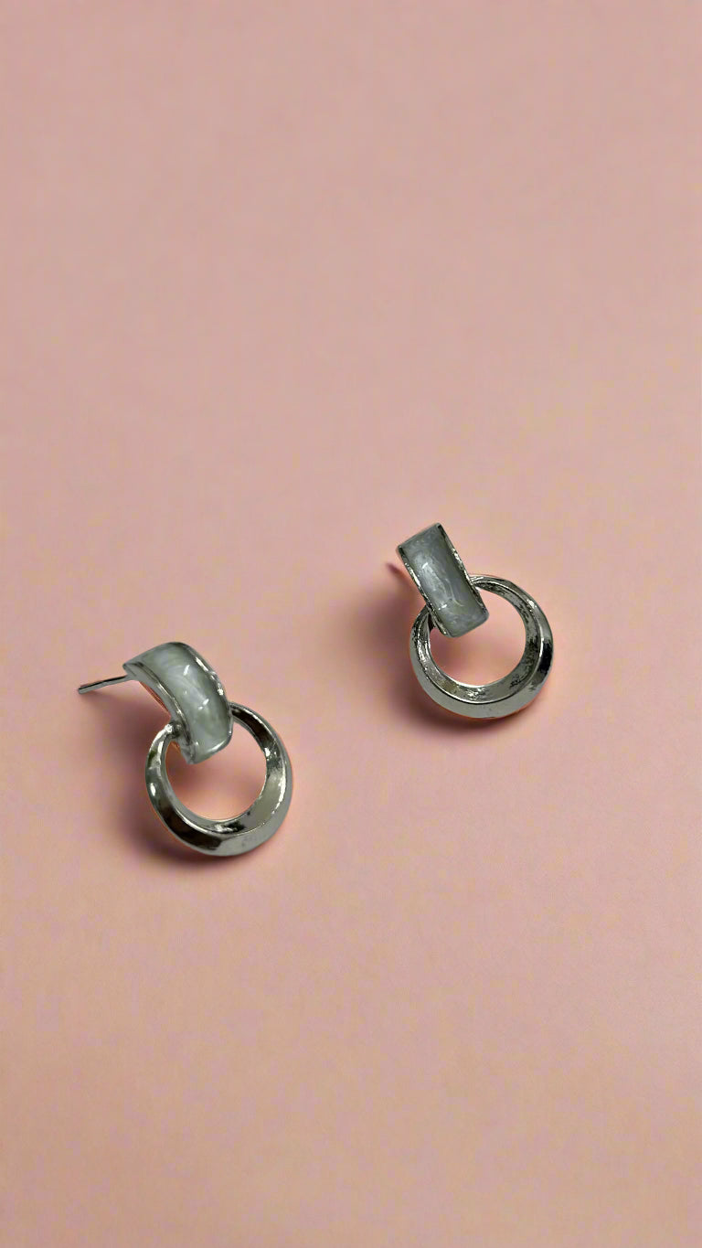 Silver Loop Stud Earrings with Glossy Grey Accent