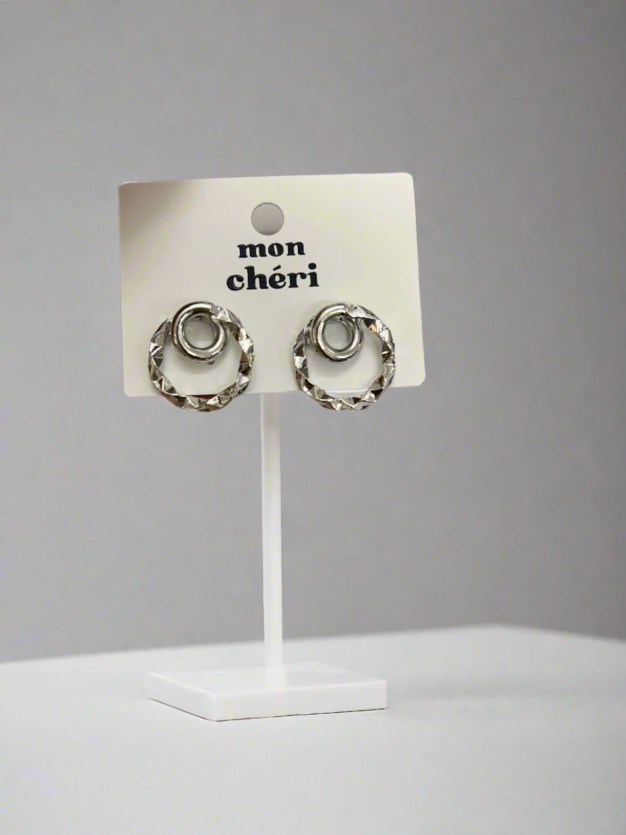 Silver Dual Ring Textured Stud Earrings