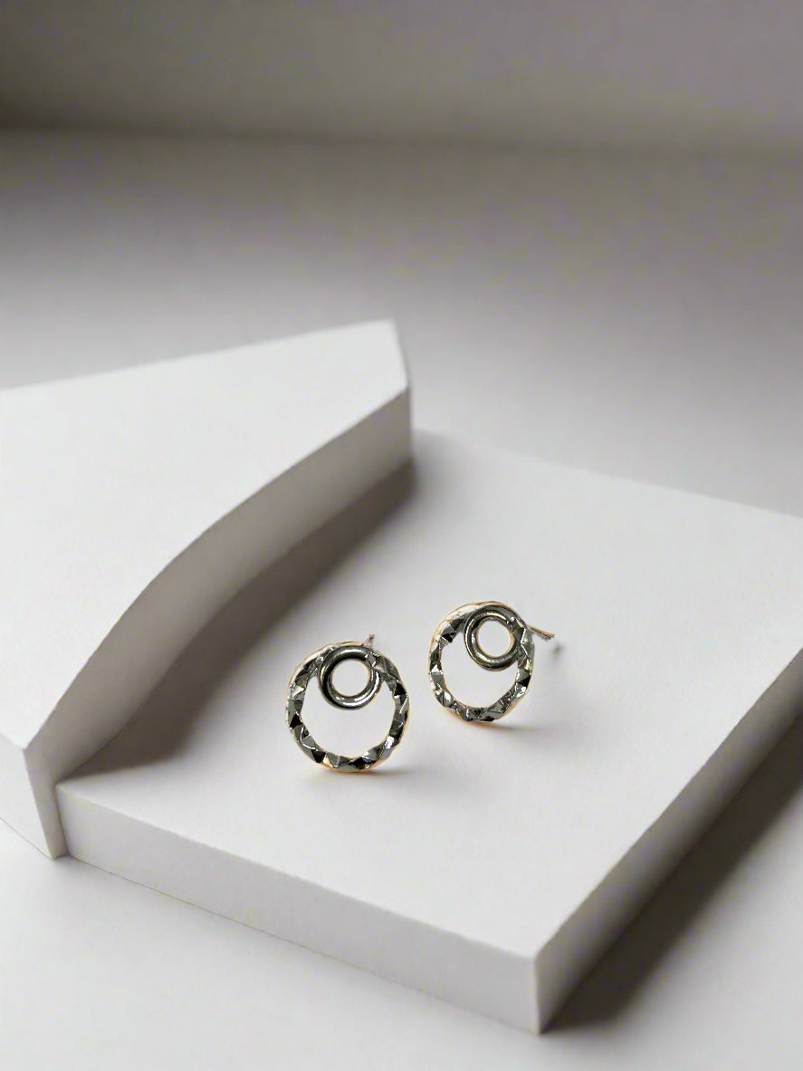 Silver Dual Ring Textured Stud Earrings