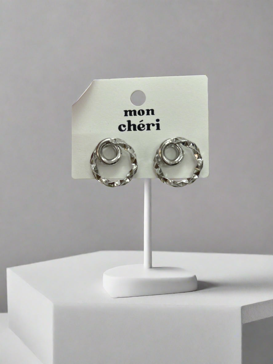 Silver Dual Ring Textured Stud Earrings