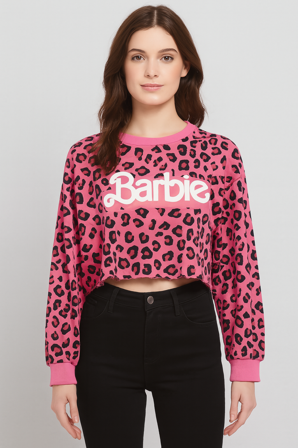 Barbie Pink Leopard Print Cropped Sweatshirt with Raw Hem