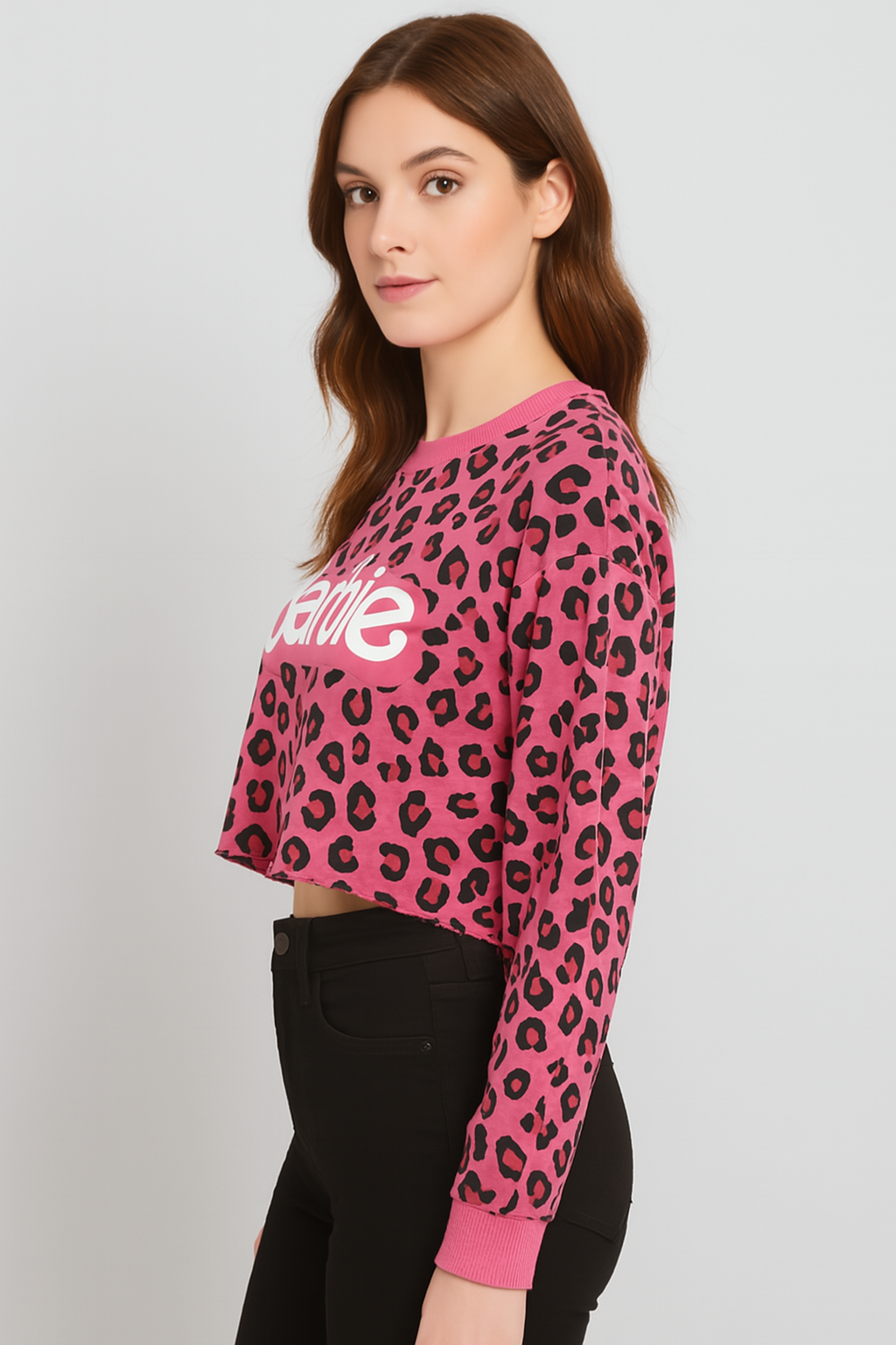 Barbie Pink Leopard Print Cropped Sweatshirt with Raw Hem