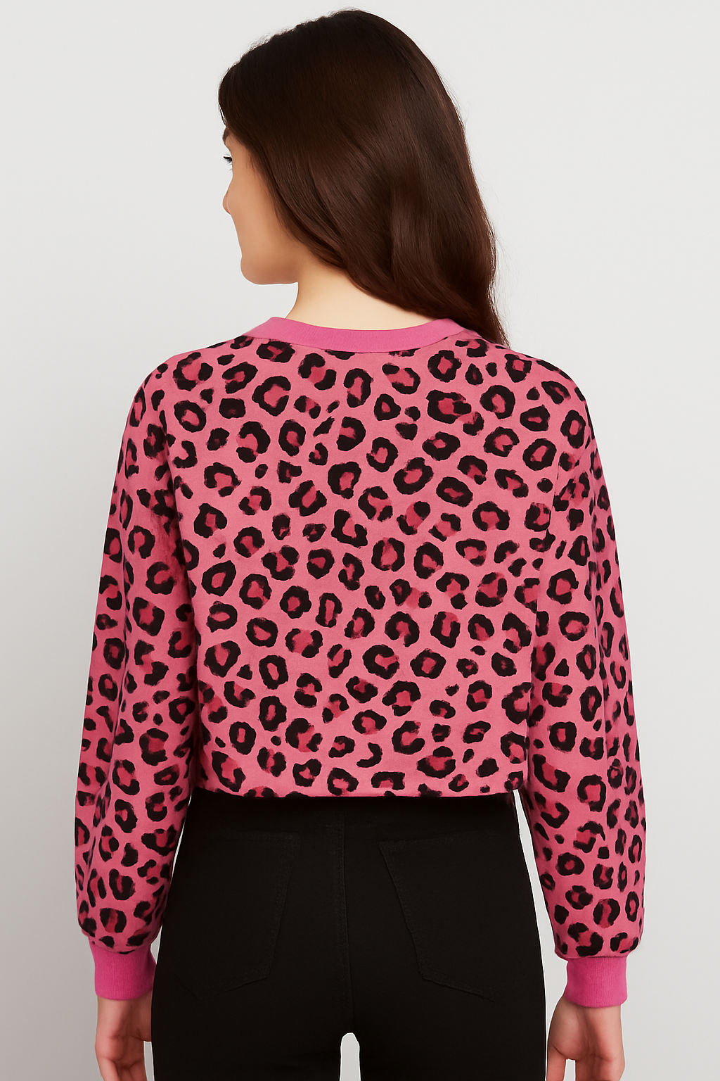 Barbie Pink Leopard Print Cropped Sweatshirt with Raw Hem