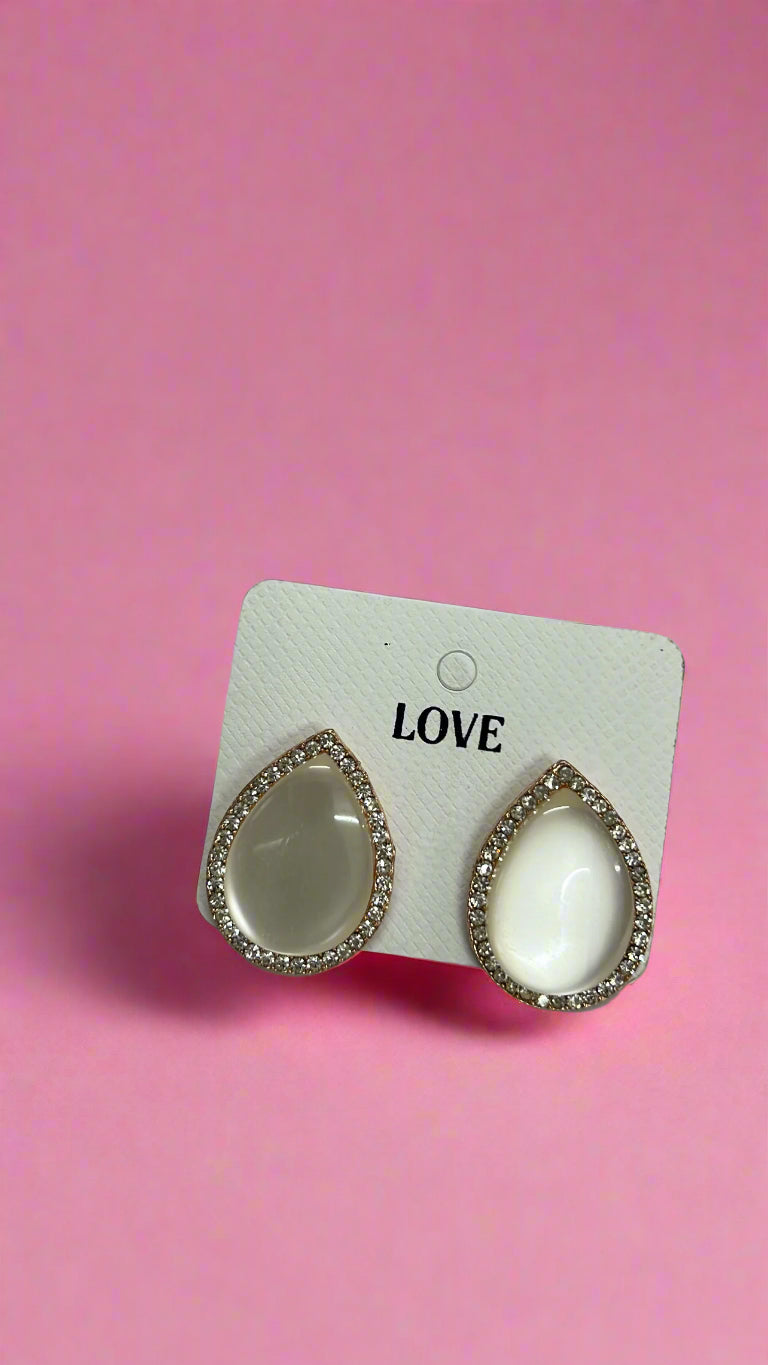 Crystal Teardrop Stud Earrings with Golden Diamond Border