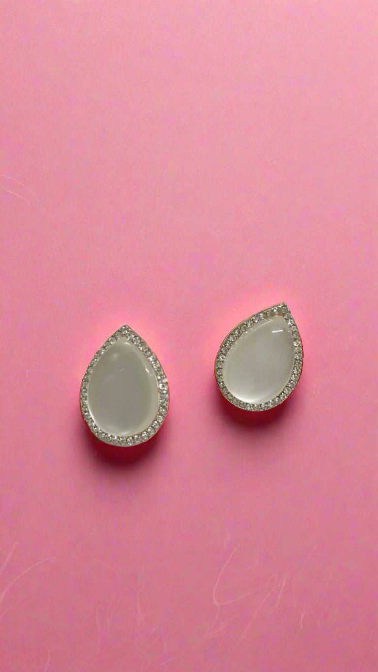 Crystal Teardrop Stud Earrings with Golden Diamond Border