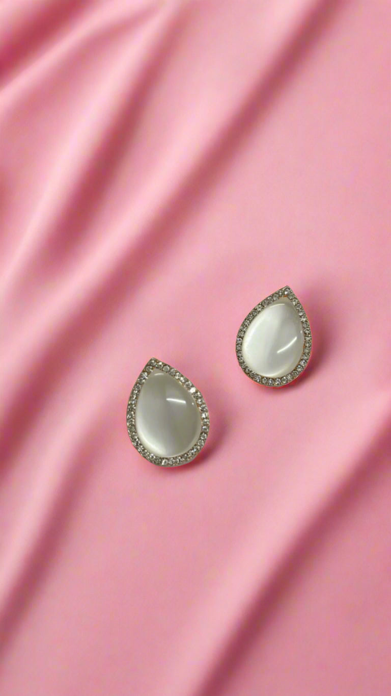 Crystal Teardrop Stud Earrings with Golden Diamond Border