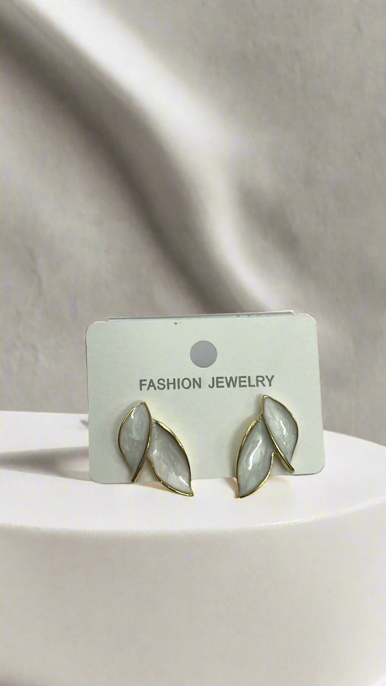 Elegant White Dual Leaf Stud Earrings – Gold Trim