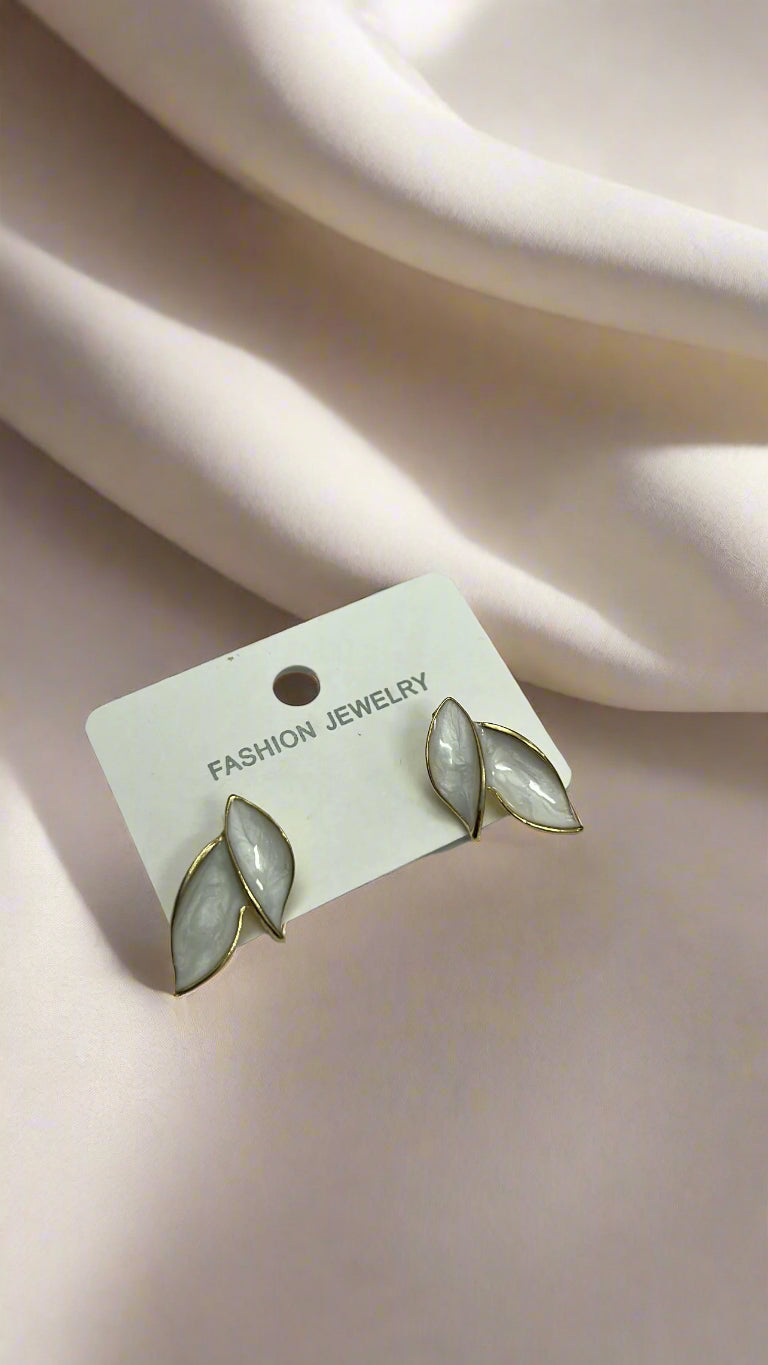 Elegant White Dual Leaf Stud Earrings – Gold Trim