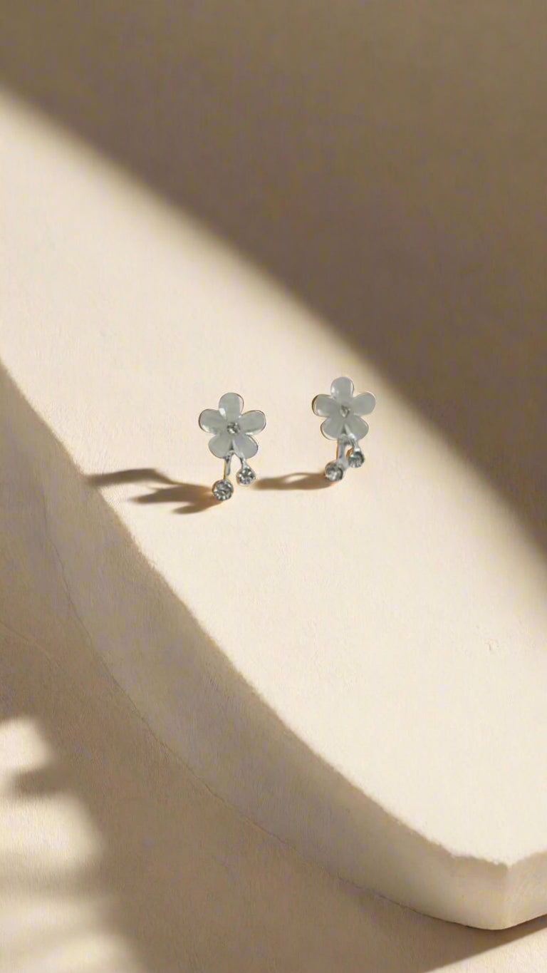 White Floral Crystal Drop Stud Earrings – Silver Tone