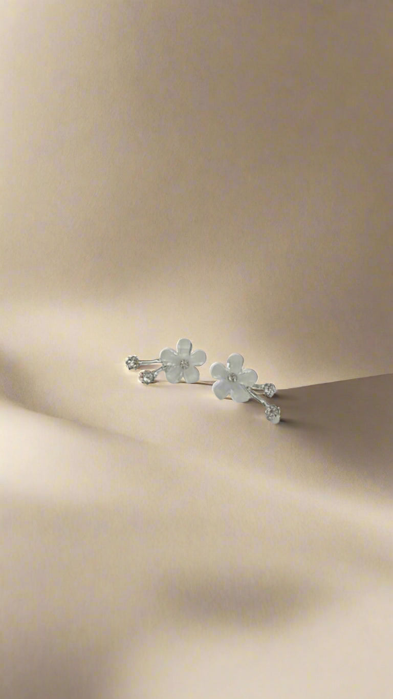 White Floral Crystal Drop Stud Earrings – Silver Tone