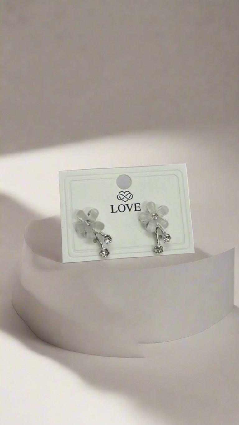 White Floral Crystal Drop Stud Earrings – Silver Tone