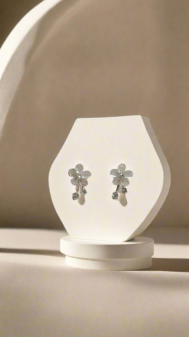 Blush White Floral Drop Stud Earrings – Rose Gold Finish