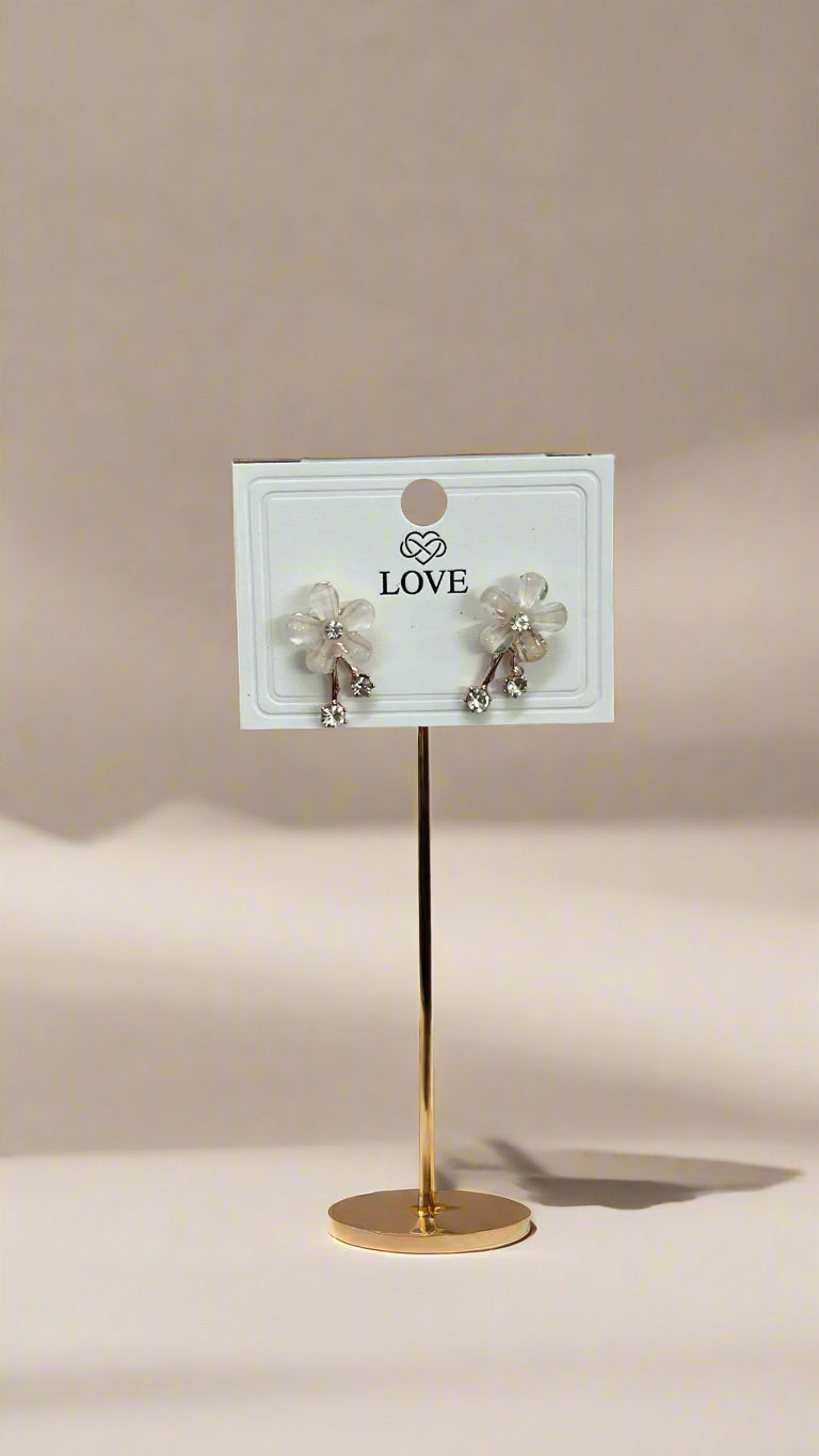 Blush White Floral Drop Stud Earrings – Rose Gold Finish