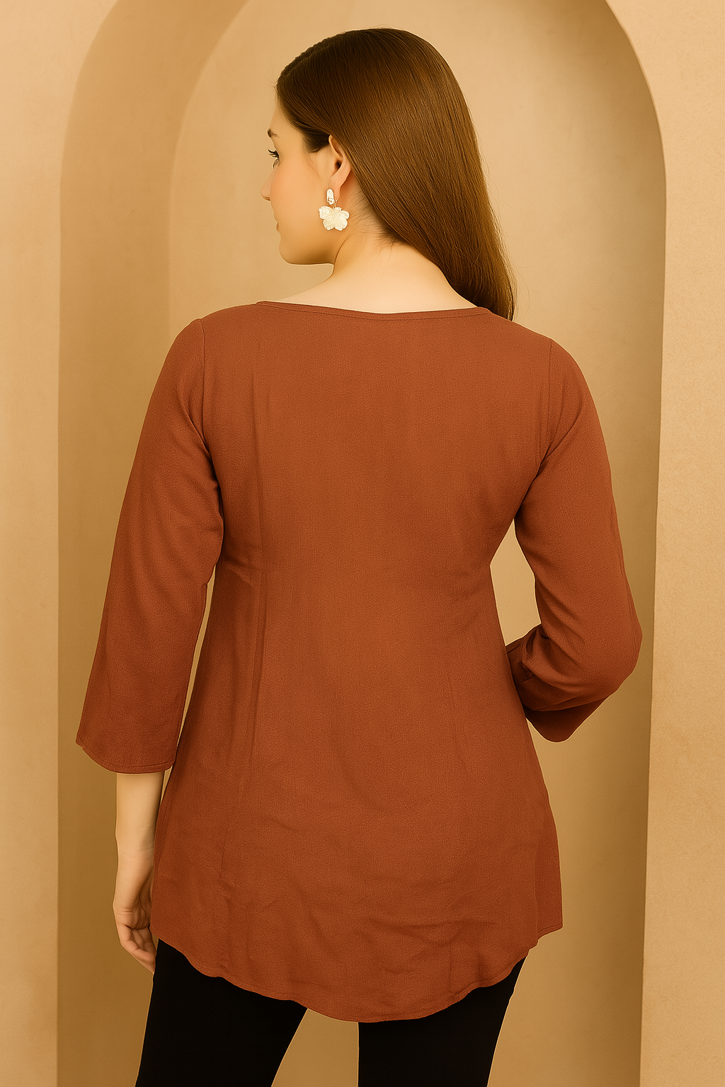 Women's Rust Embroidered Peplum Top with Tassel Neck Detail