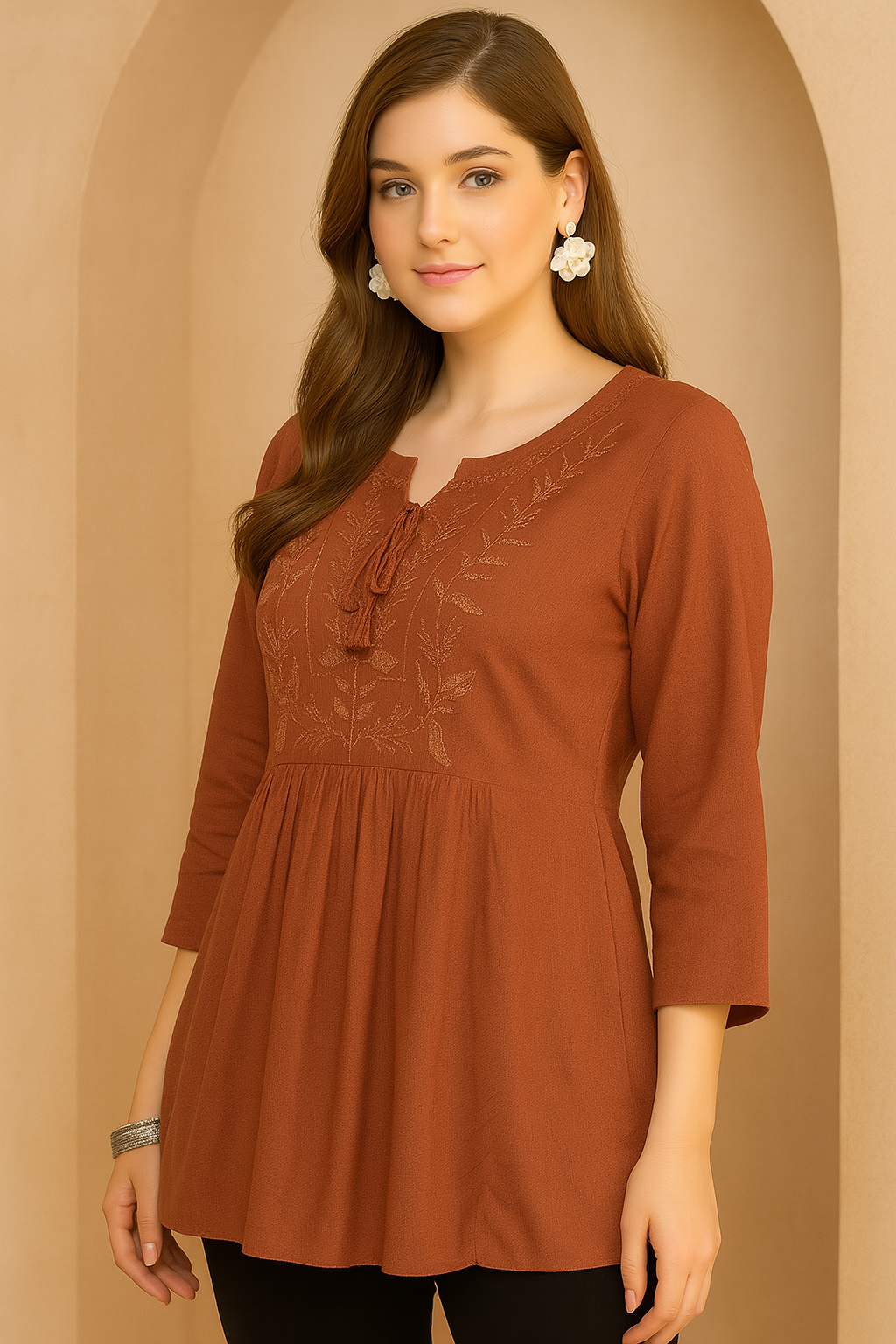 Women's Rust Embroidered Peplum Top with Tassel Neck Detail