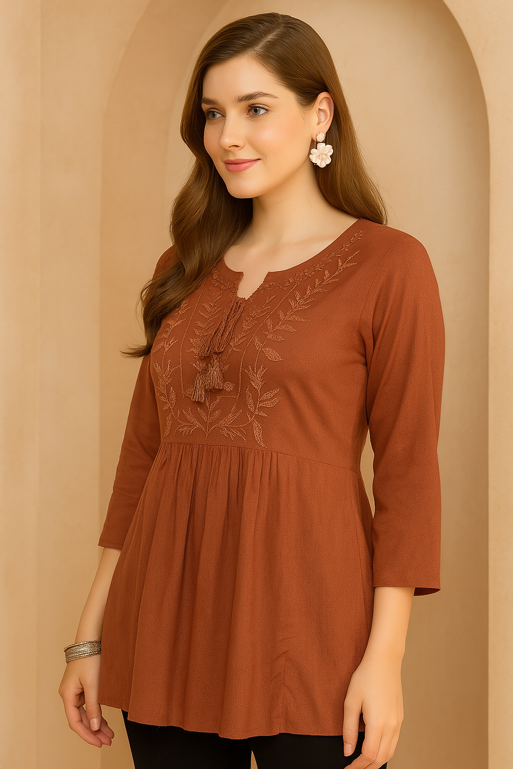 Women's Rust Embroidered Peplum Top with Tassel Neck Detail