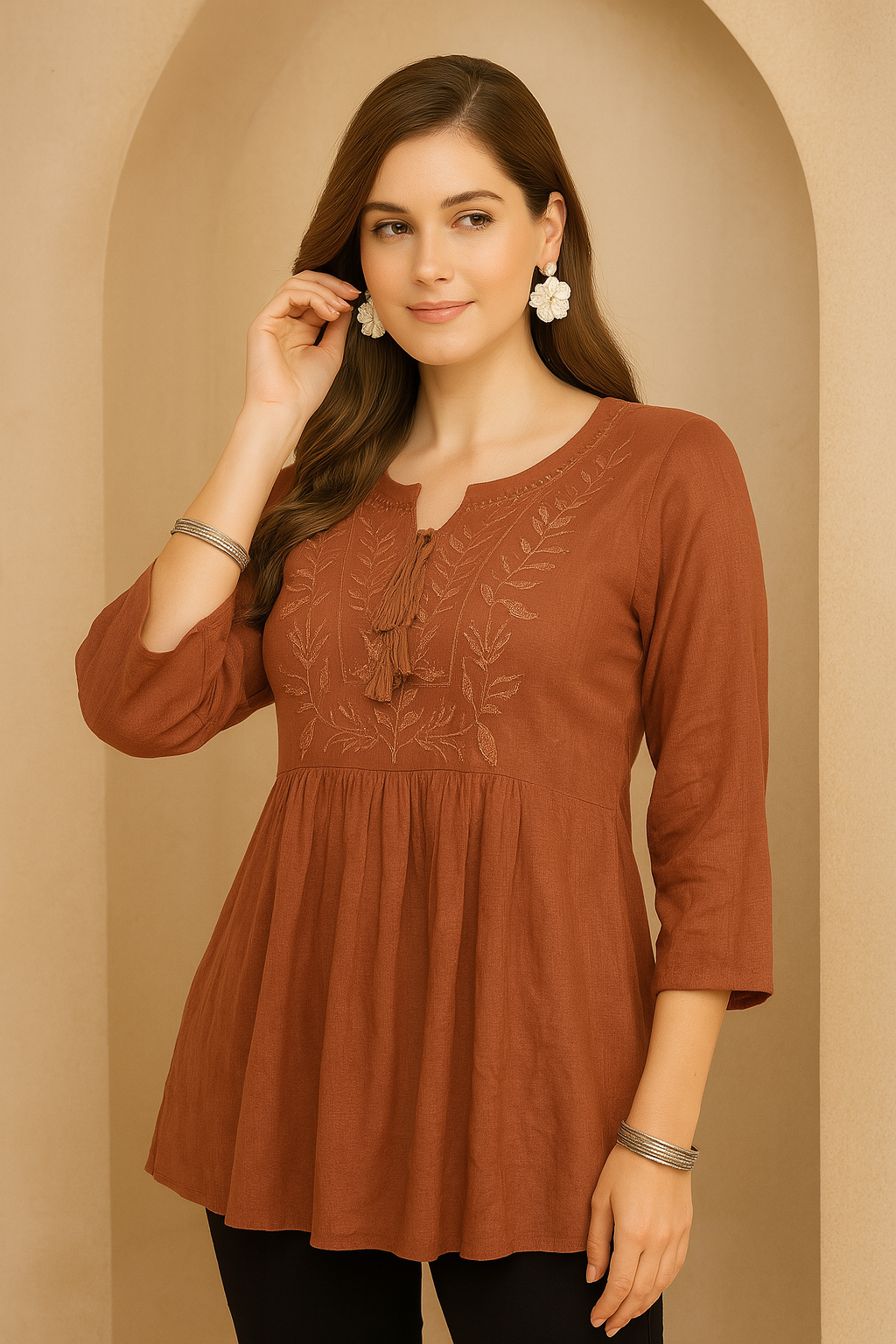 Women's Rust Embroidered Peplum Top with Tassel Neck Detail