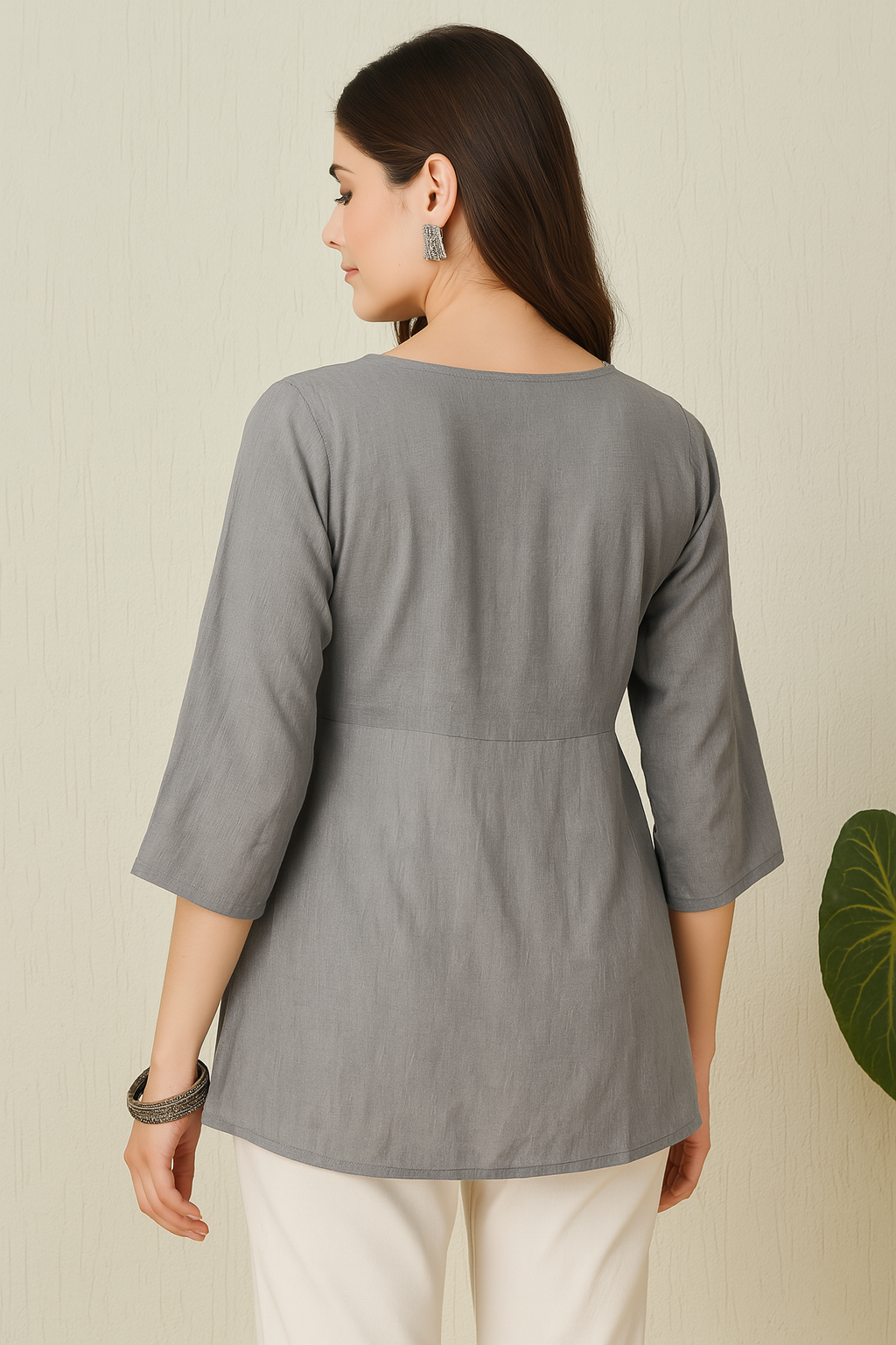Women's Grey Crush Rayon Blend Gathered Top with Embroidered Yoke