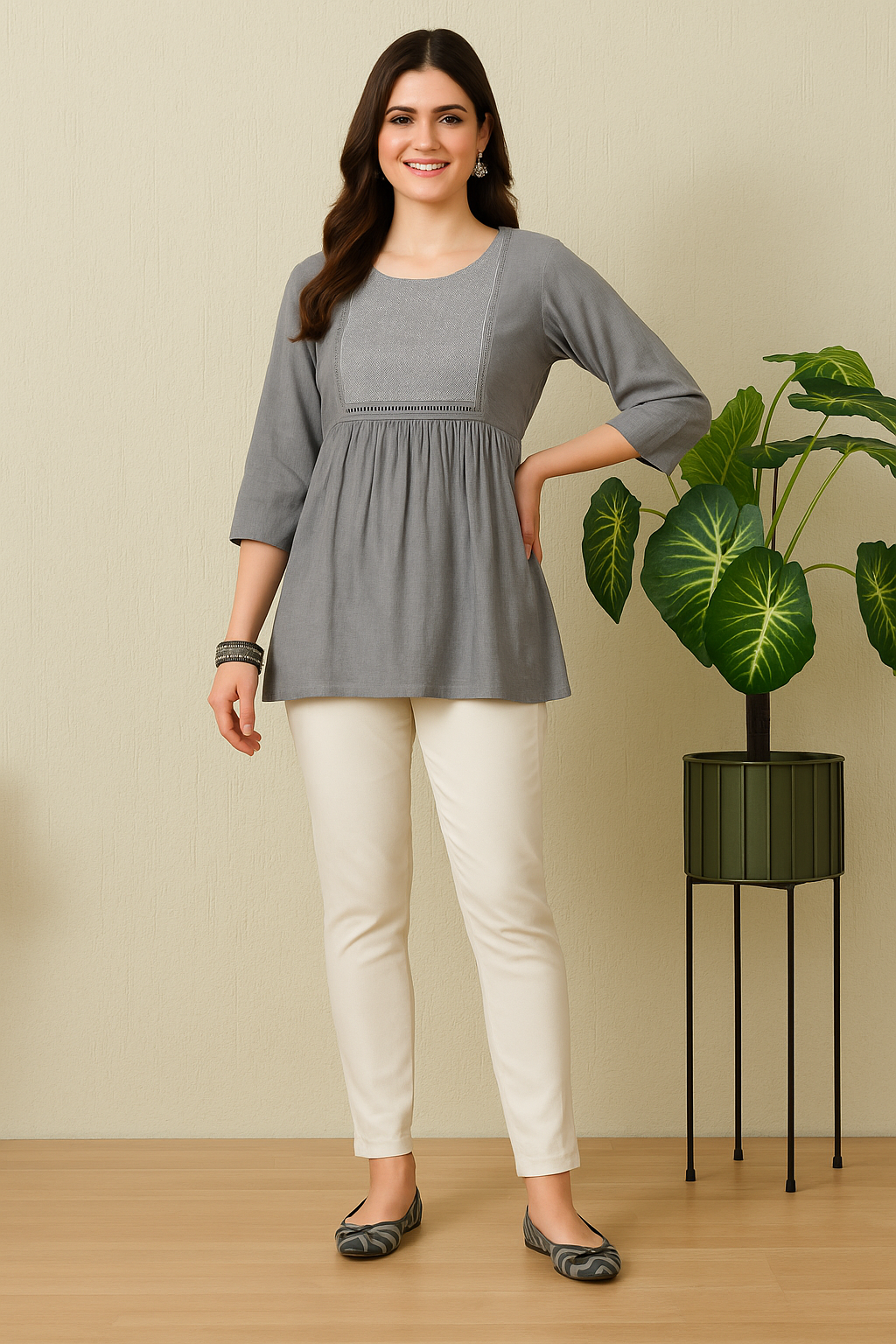 Women's Grey Crush Rayon Blend Gathered Top with Embroidered Yoke