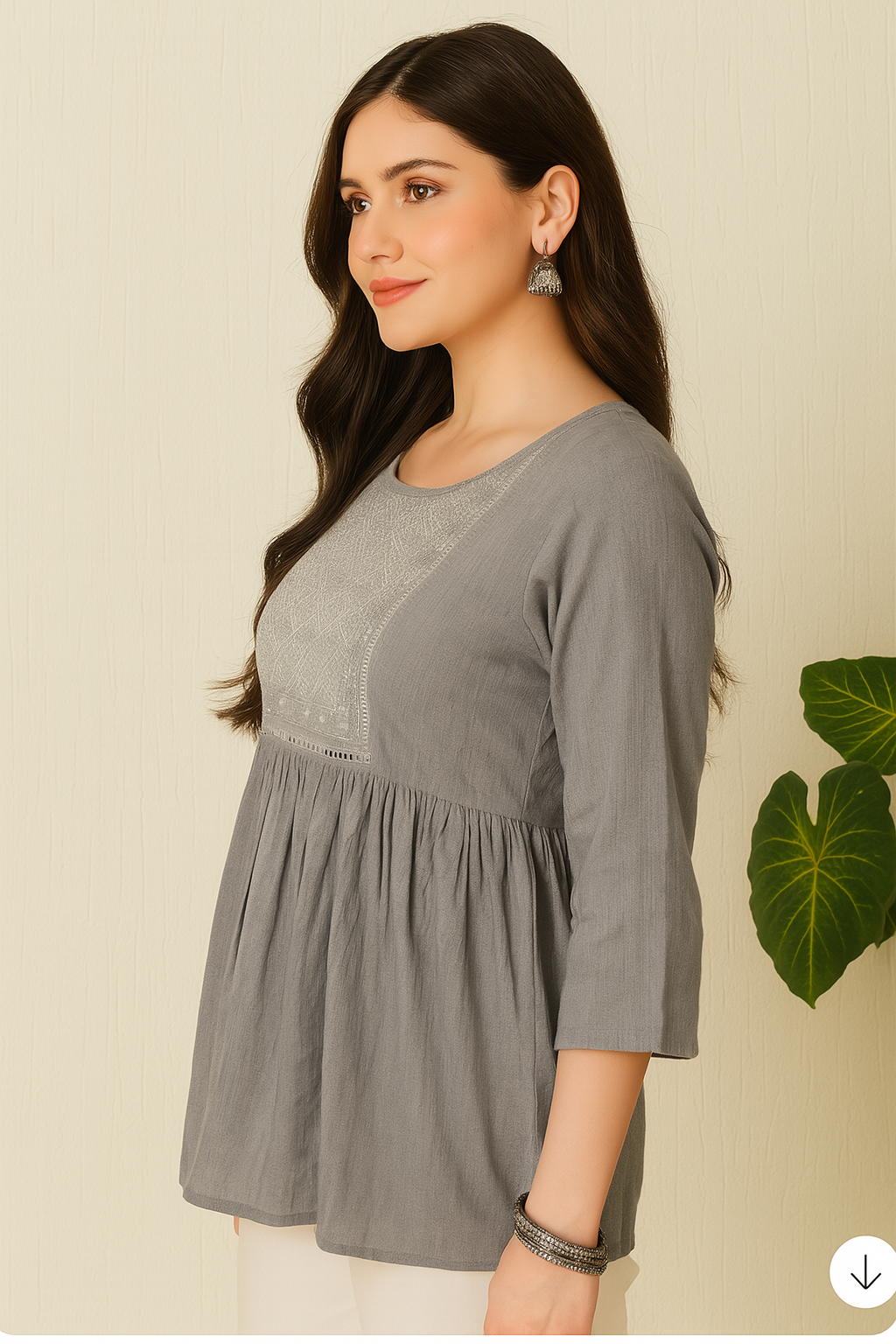 Women's Grey Crush Rayon Blend Gathered Top with Embroidered Yoke