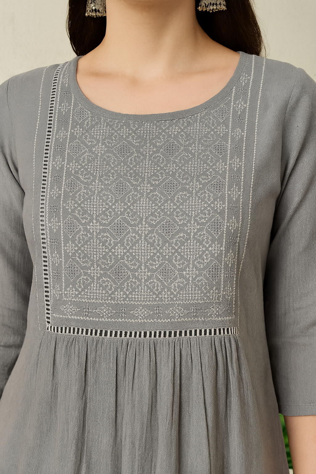 Women's Grey Crush Rayon Blend Gathered Top with Embroidered Yoke