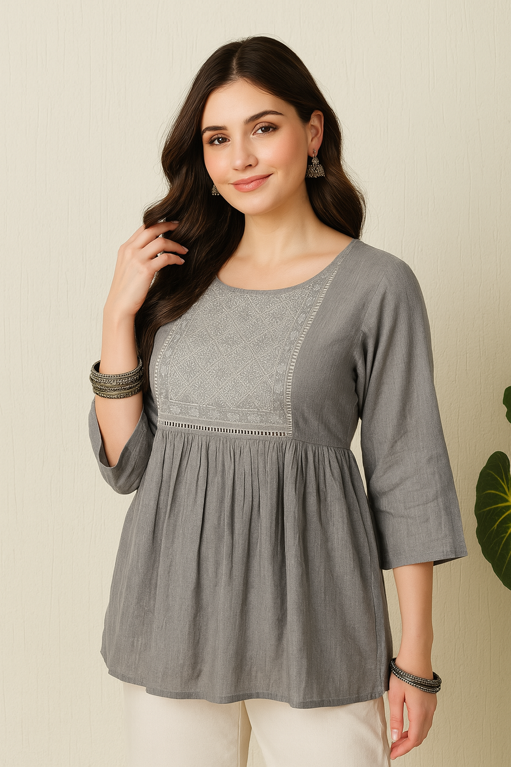 Women's Grey Crush Rayon Blend Gathered Top with Embroidered Yoke