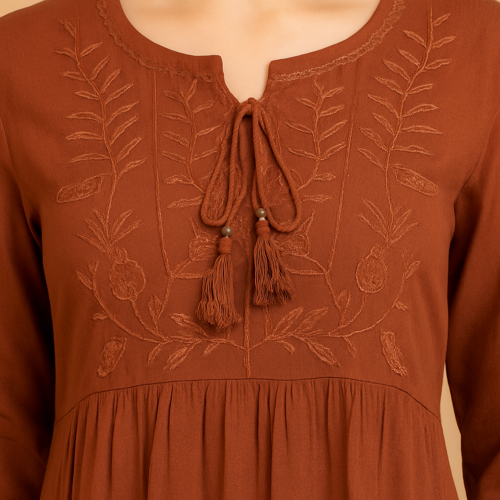 Women's Rust Embroidered Peplum Top with Tassel Neck Detail