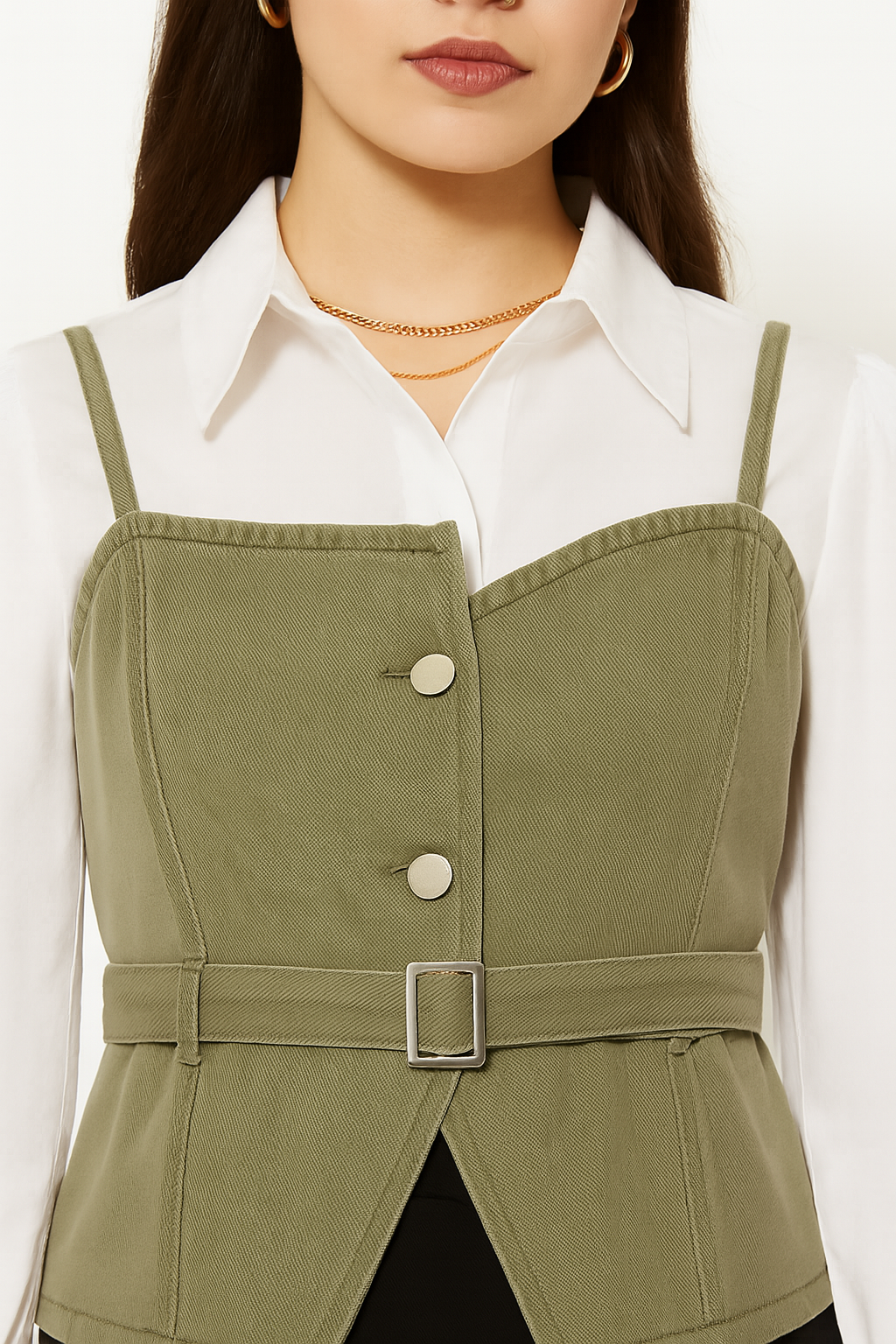 Olive Buckle-Up Corset Layered Shirt Top Set