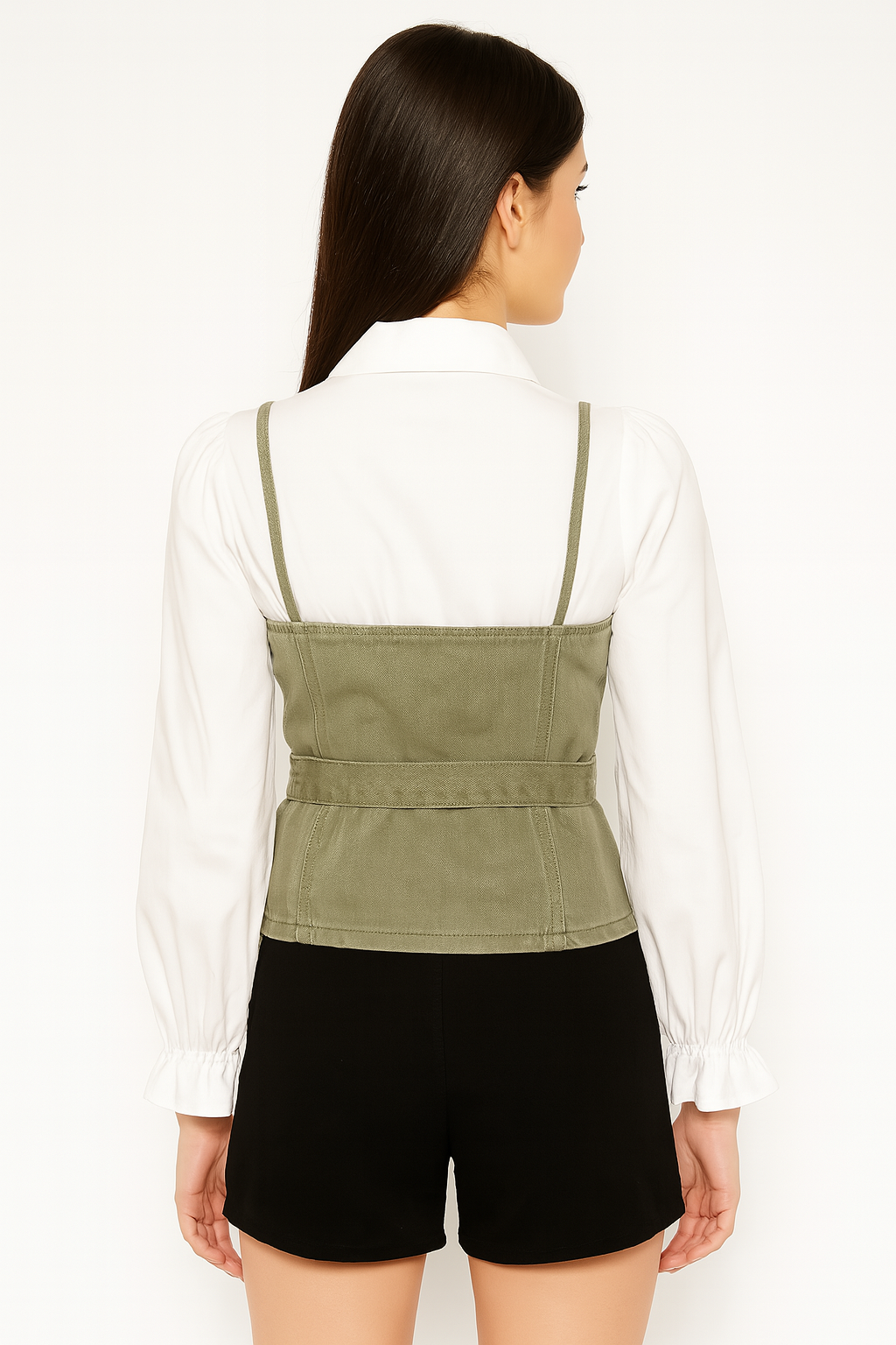 Olive Buckle-Up Corset Layered Shirt Top Set