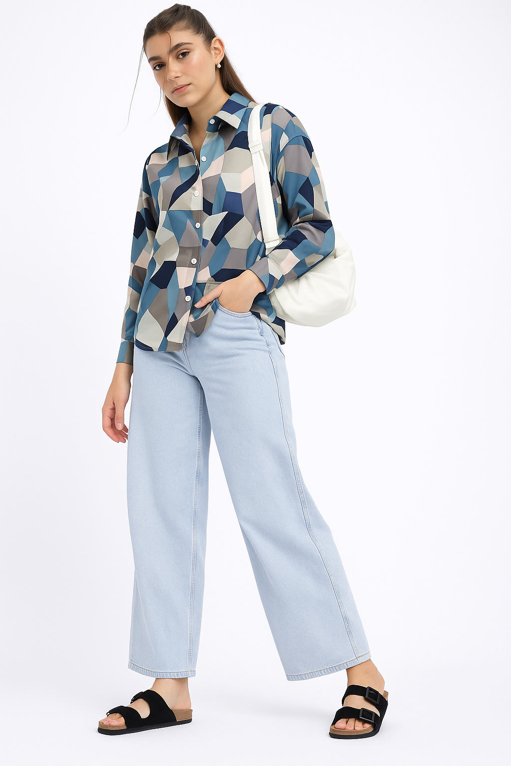 Geometric Illusion Button-Down Shirt for Women