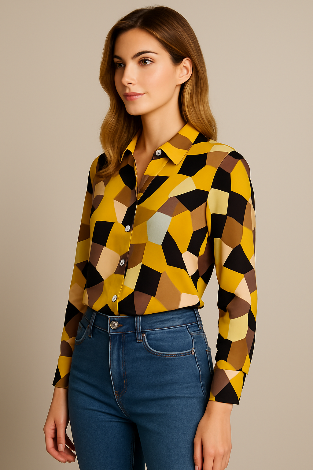 Retro Vibe Geometric Button-Down Shirt for Women