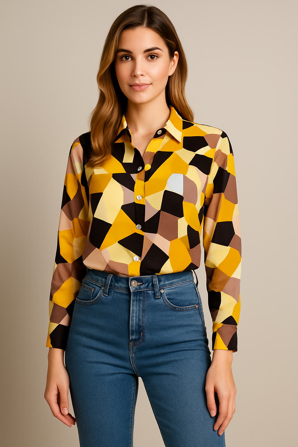 Retro Vibe Geometric Button-Down Shirt for Women