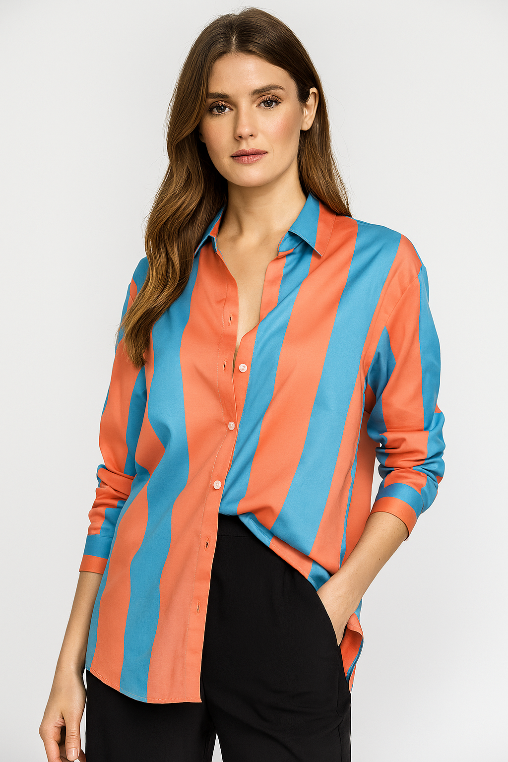 Bold Wave Stripe Button-Down Shirt for Women