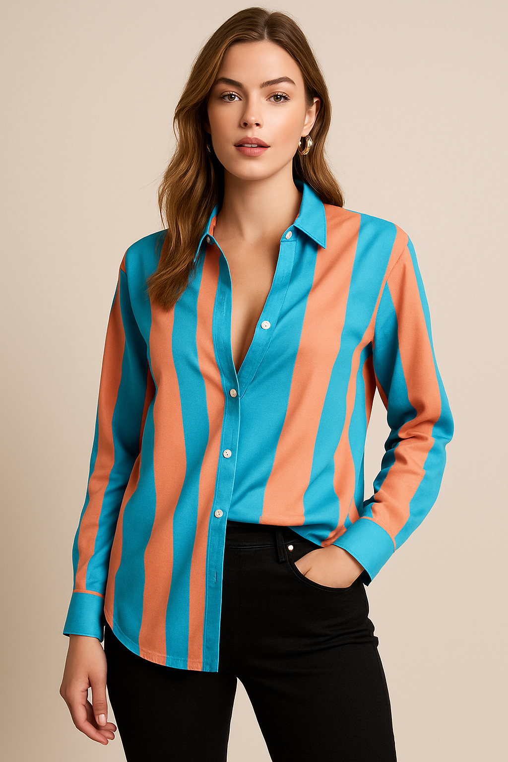 Bold Wave Stripe Button-Down Shirt for Women