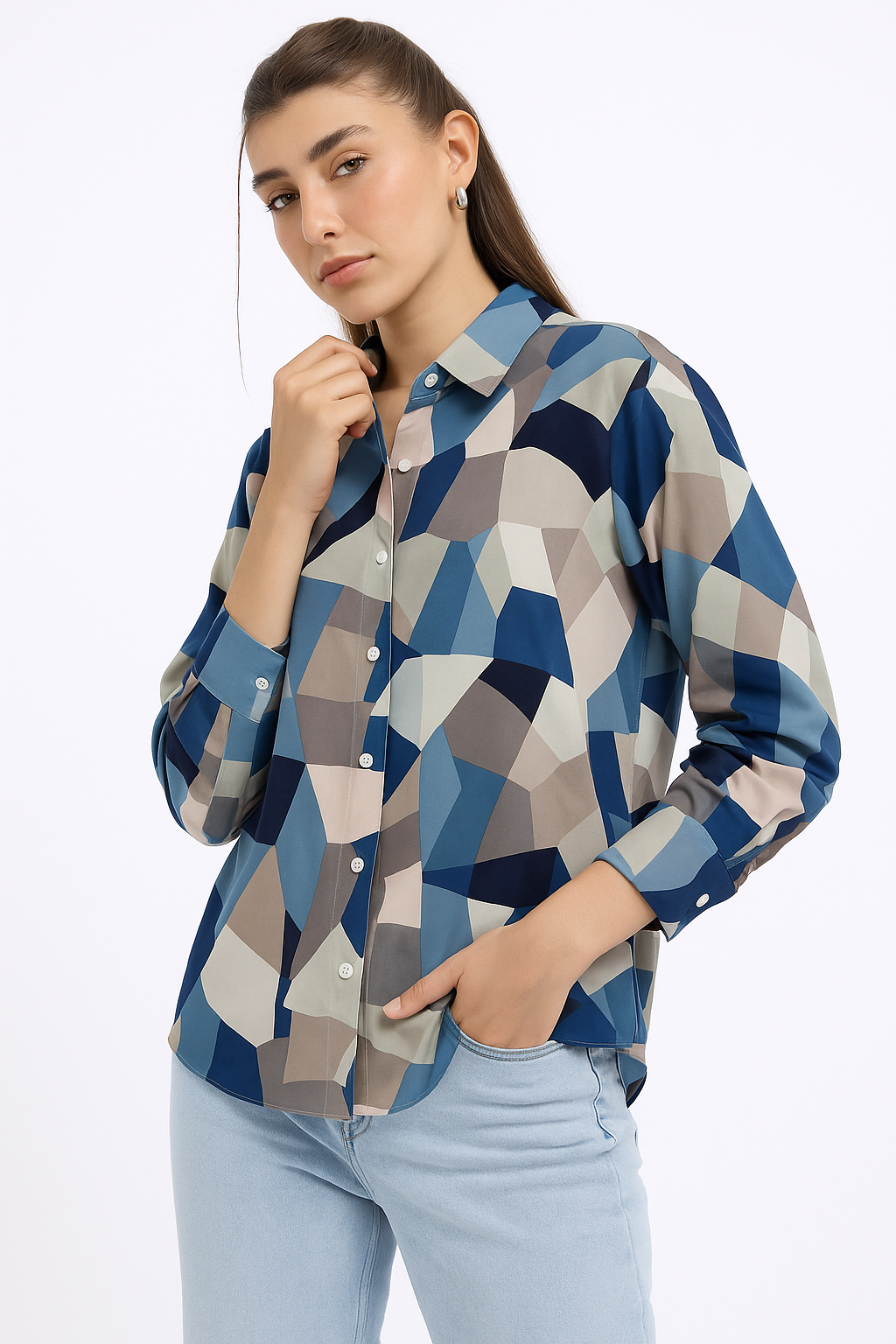 Geometric Illusion Button-Down Shirt for Women