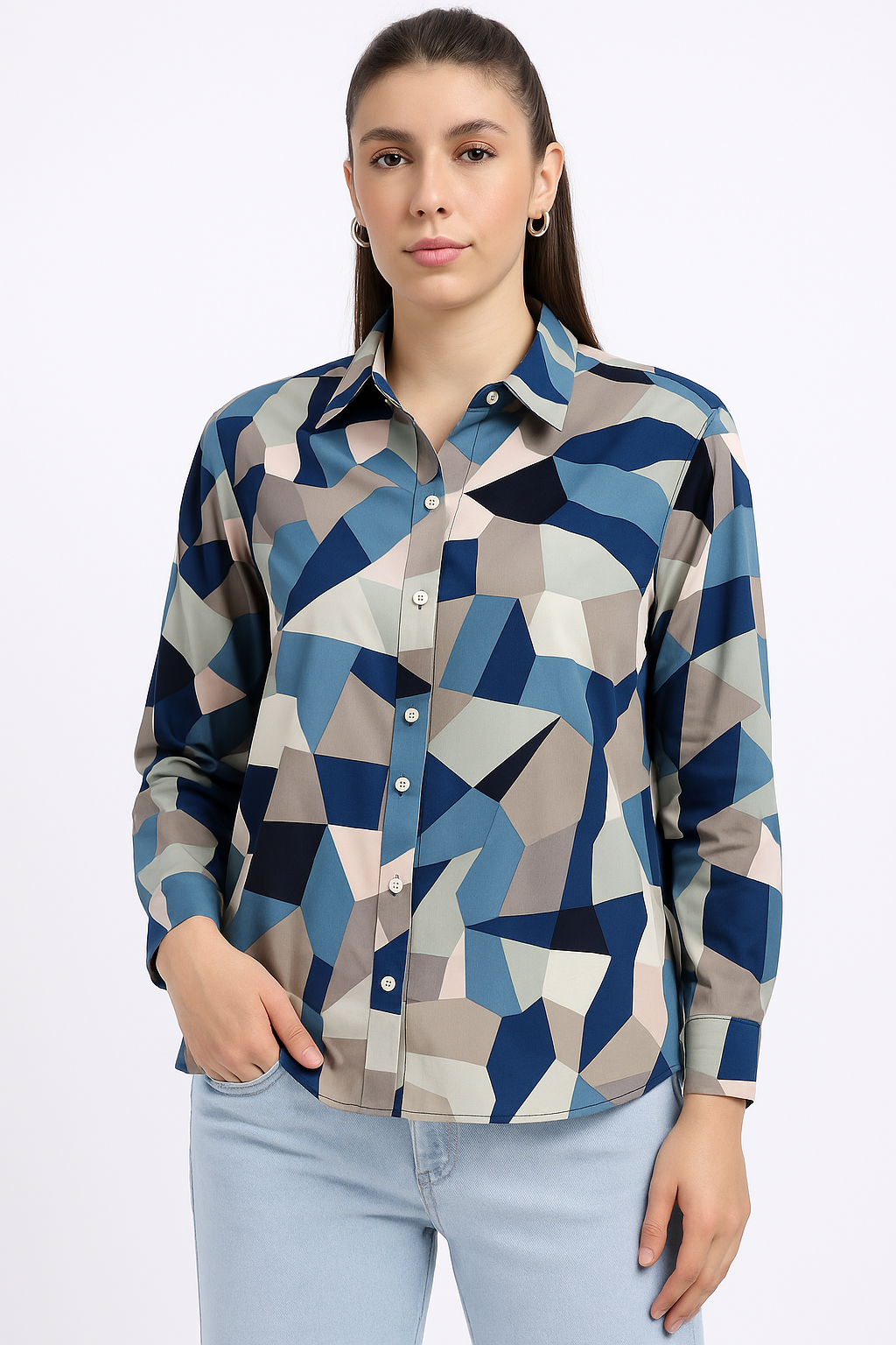 Geometric Illusion Button-Down Shirt for Women