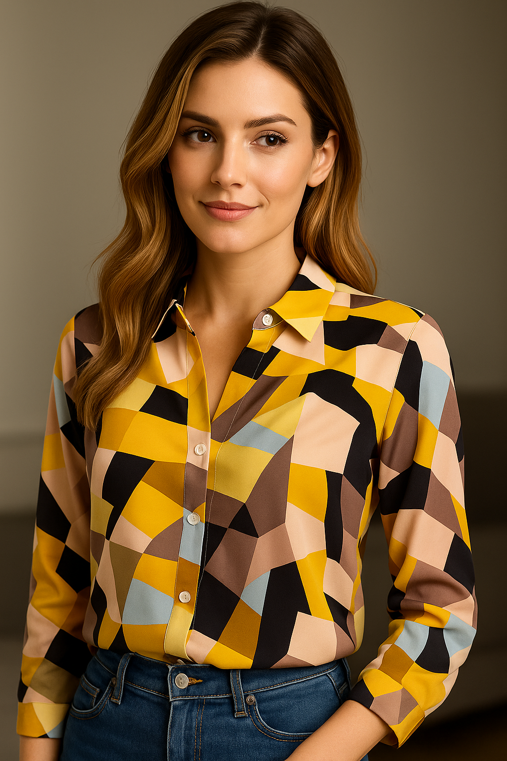 Retro Vibe Geometric Button-Down Shirt for Women
