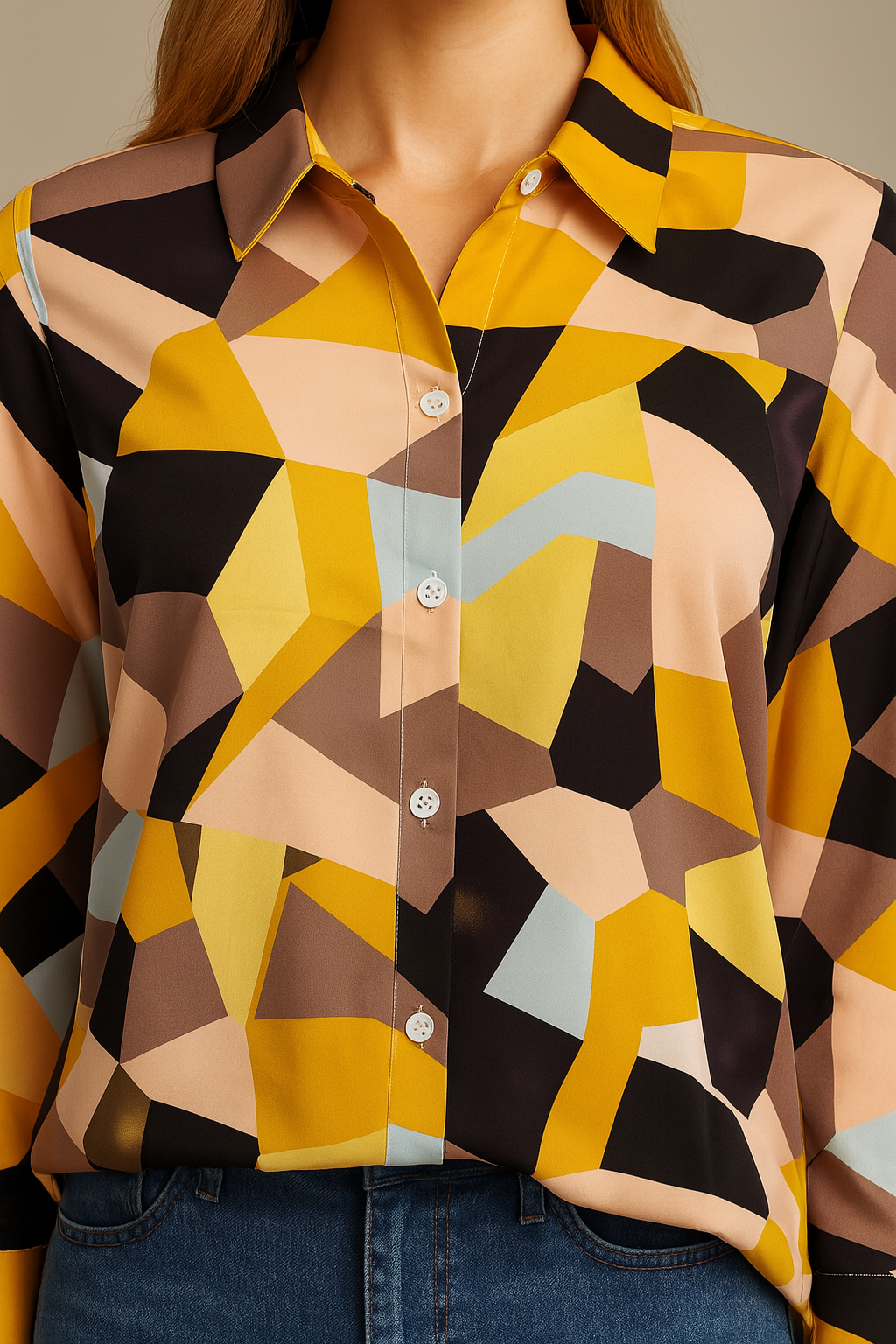 Retro Vibe Geometric Button-Down Shirt for Women