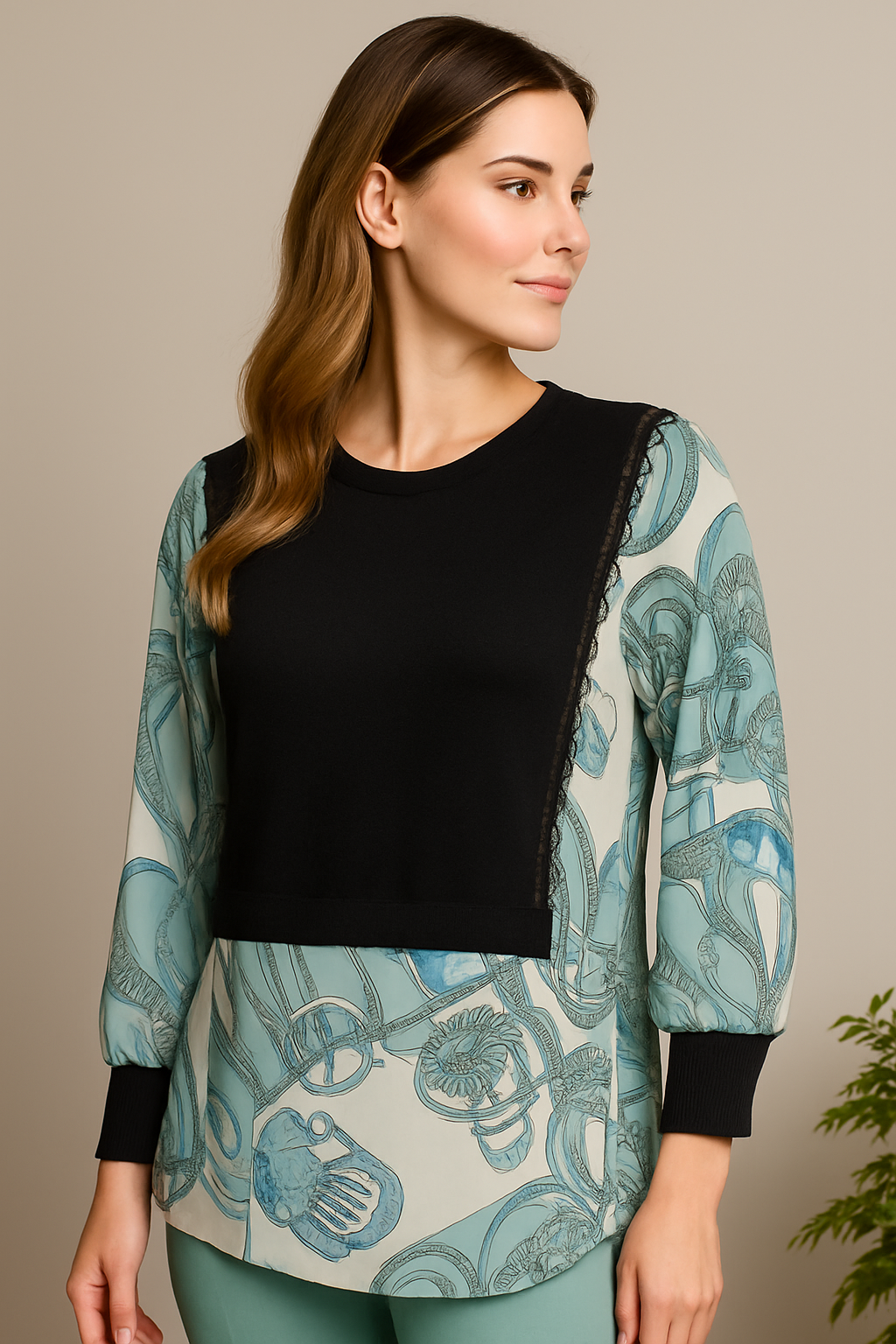 Contrast Charm Printed Sleeve Tunic Top