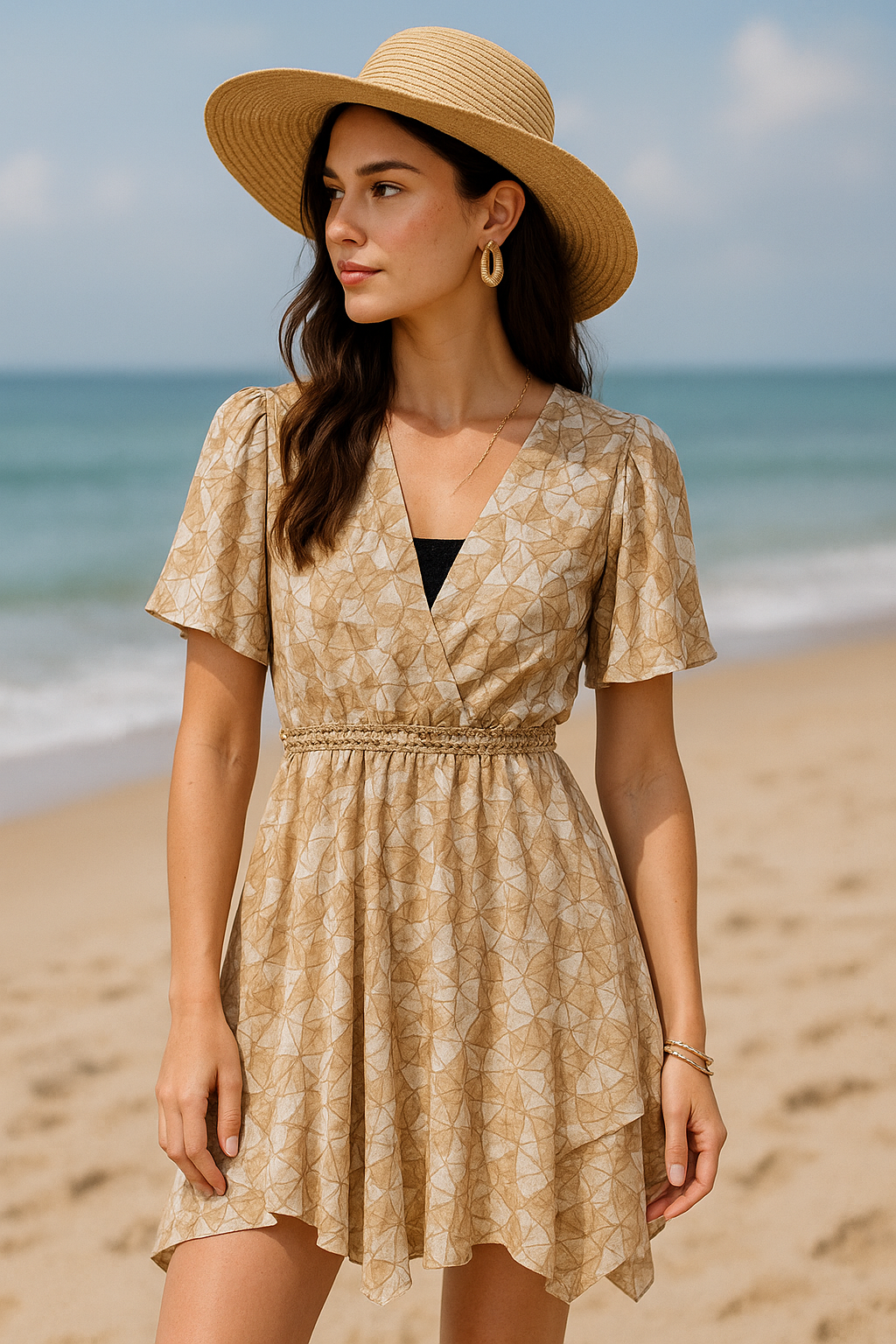 Beige Geo Print Beach Wrap Pattern Dress Beige Geo Print Beach Wrap Pattern Dress