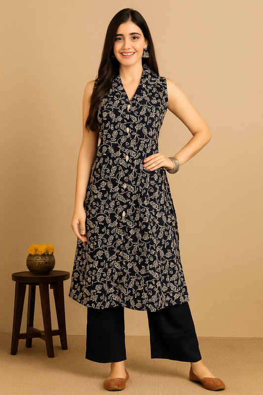 Navy Blue Floral Printed Sleeveless Kurti Set