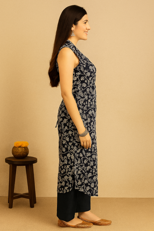 Navy Blue Floral Printed Sleeveless Kurti Set