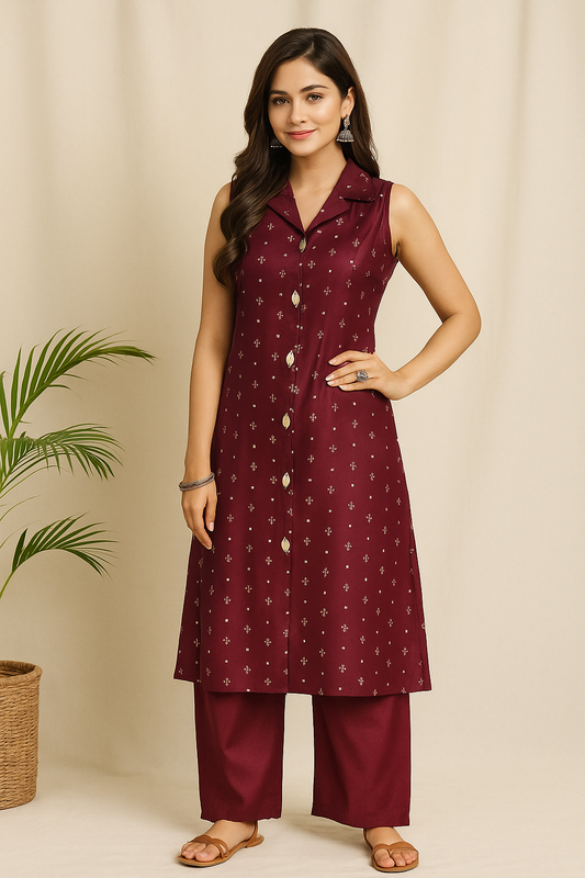 Wine Glow Sleeveless Kurti Set with Subtle Motif Detailing