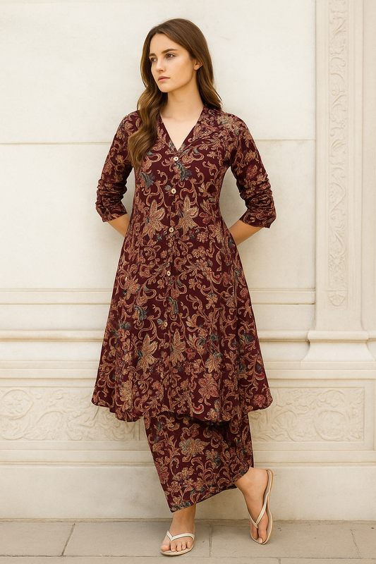 Regal Bloom Wine Kurti Set with Ornate All-Over Print