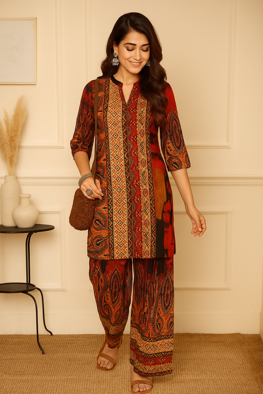 Heritage Hues Maroon Kurti Set with Ethnic Fusion Print