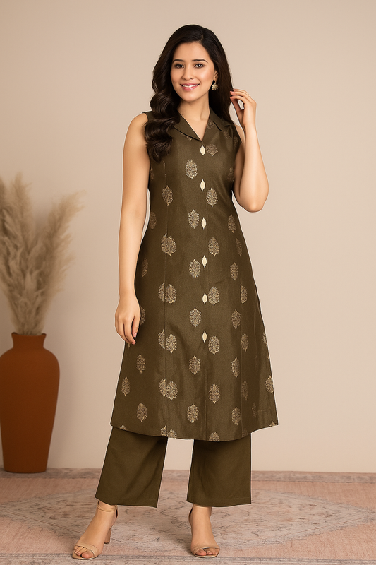 Olive Aura Foil Print Kurti Set with Sleeveless Elegance