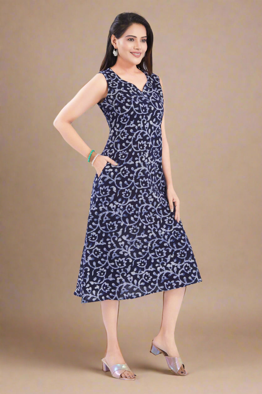 Navy Blue Cotton Batik Dress for Women